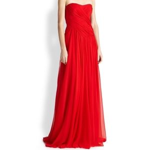 Badgley Mischka Strapless Cross Drape Red Gown